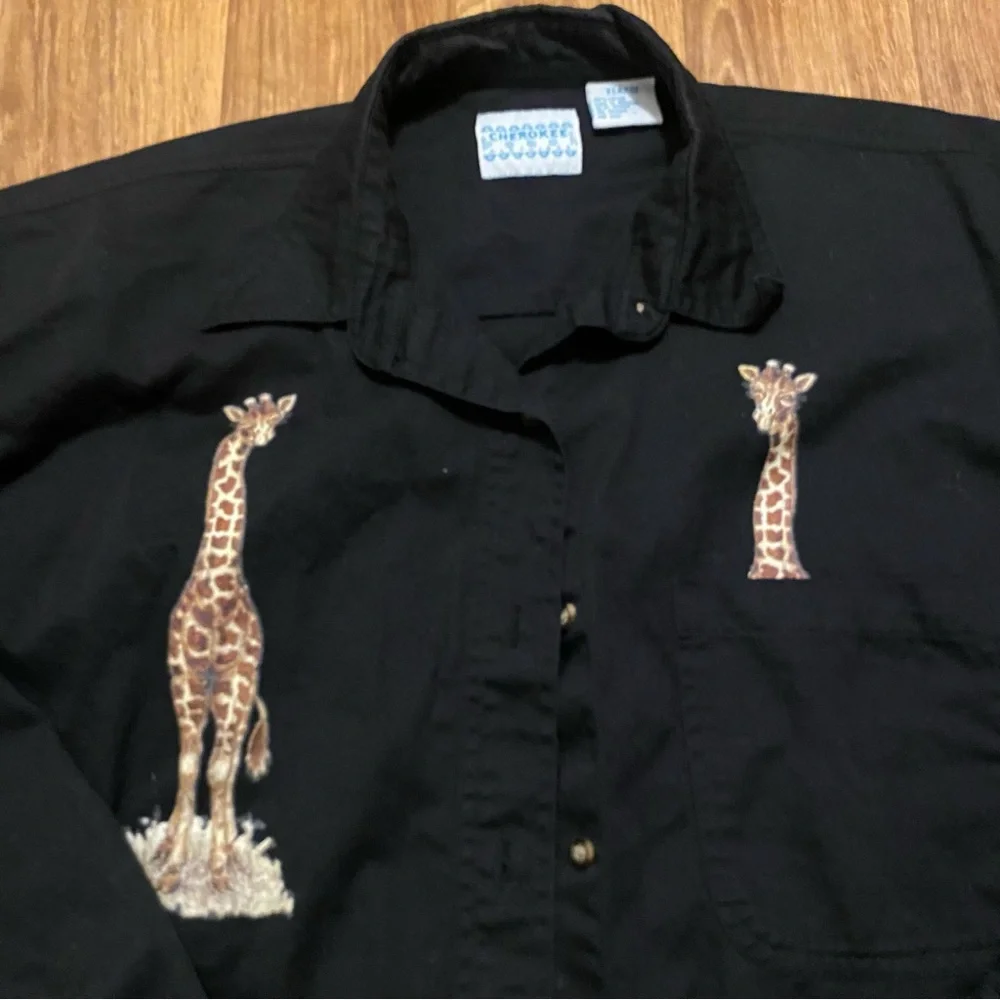 Vintage‎ Giraffe Safari Shirt Adult XL Black Cherokee Beach Clothiers Zoo Animal